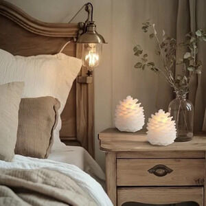 2 Pcs Pine Cone Candles Flameless, White LED Flickering Lights 6 Hour Timer